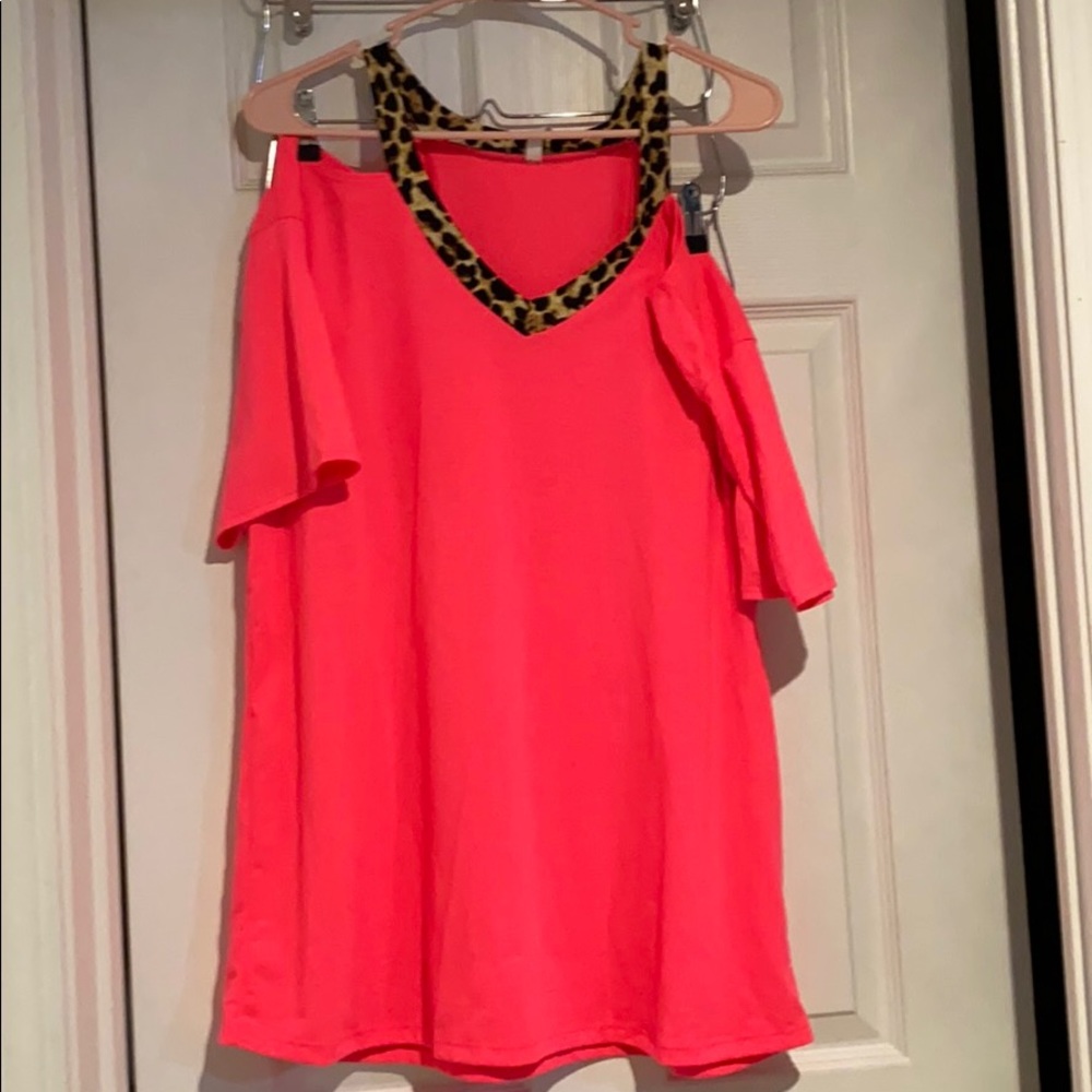 Watermelon neon leopard cold shoulder tunic